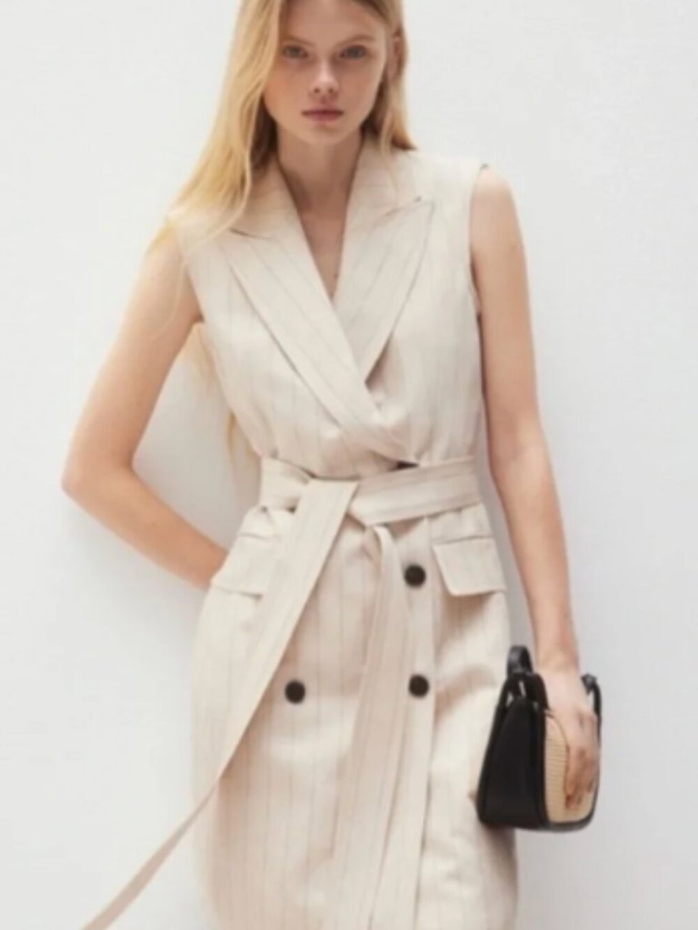 H&M Linen-Blend Jacket Dress Sleeveless Vest Pinstripe Office Classy Size Large